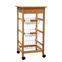 Tile Top Stainless Steel Baskets vegetable Wood 3 tier kitchen cart