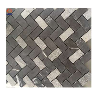 Black white Marble mosaic honed herringbone round shape